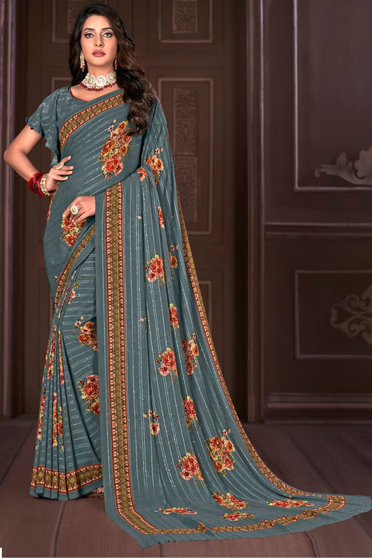 Casual Wear Grey Color Saree In Georgette Fabric Delicate Digital Printed Work