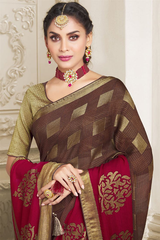 Brasso Fabric Brown Color Saree With Classic Printed Work
