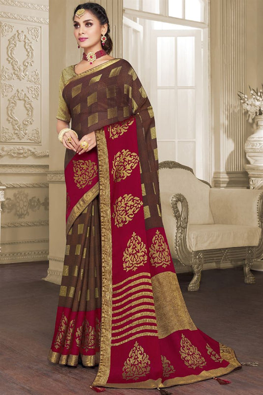 Brasso Fabric Brown Color Saree With Classic Printed Work