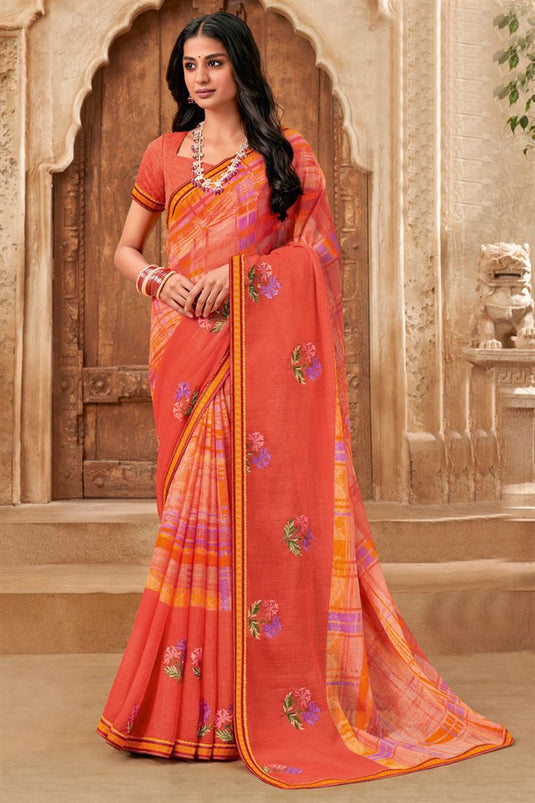 Festive Look Orange Color Elegant Chiffon Saree