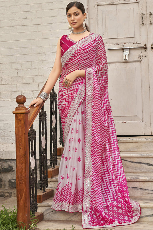 Organza Fabric Pink And Off White Color Lace Work Festive Wear Trendy Saree