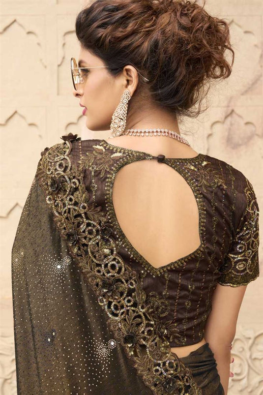 Captivating Lycra Fabric Sequins Work Brown Color Saree