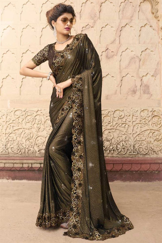 Captivating Lycra Fabric Sequins Work Brown Color Saree