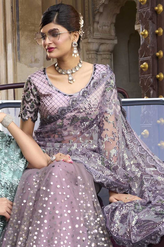 Lavender Color Net Fabric Gorgeous Saree With Sequins Work