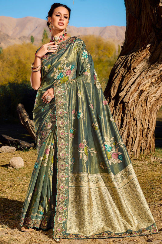 Green Color Weaving Work Wedding Wear Silk Fabric Saree