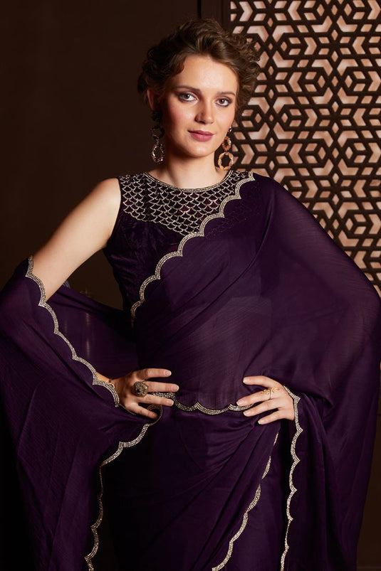 Purple Color Engaging Fancy Work Chiffon Fabric Saree