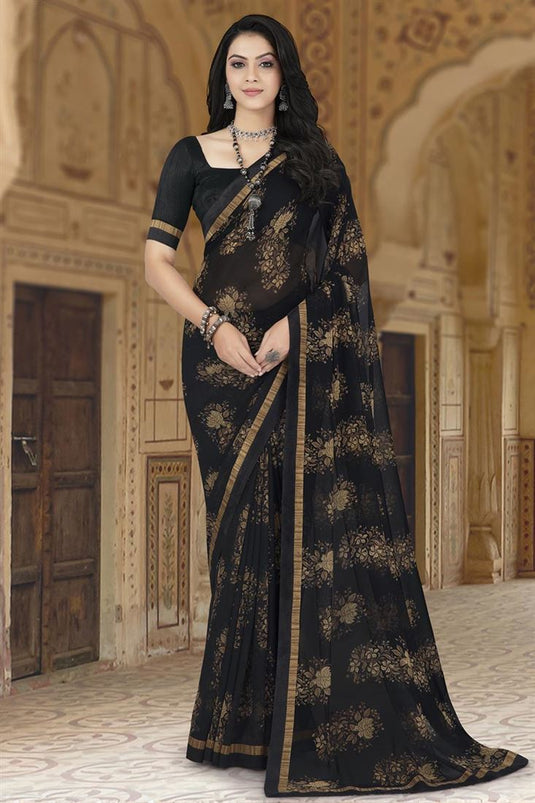 Black Color Inventive Georgette Floral Printed Saree