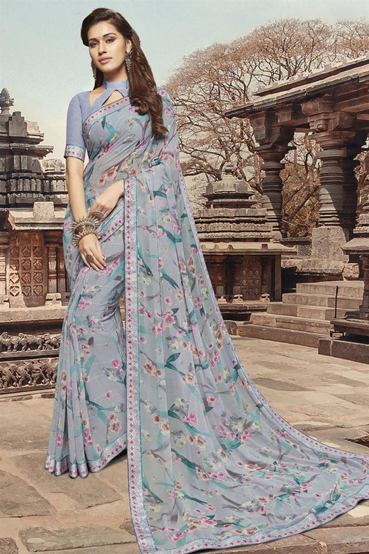 Beautiful Grey Color Georgette Floral Printed Saree