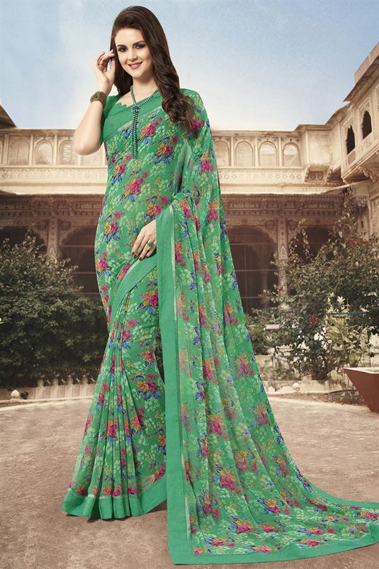 Green Color Splendid Georgette Floral Printed Saree