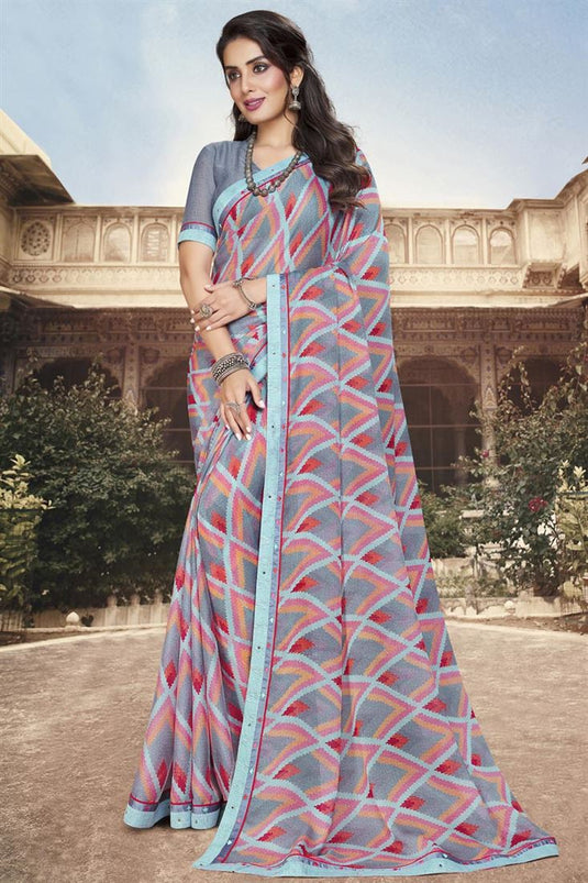 Dazzling Multi Color Georgette Floral Printed Saree