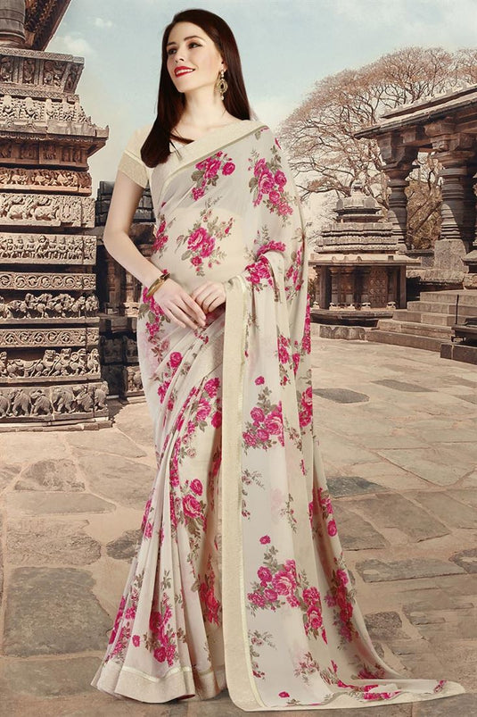 Charming Georgette Floral Printed Saree in Beige Color