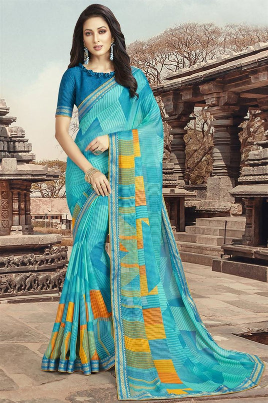 Attractive Georgette Floral Printed Saree in Cyan Color