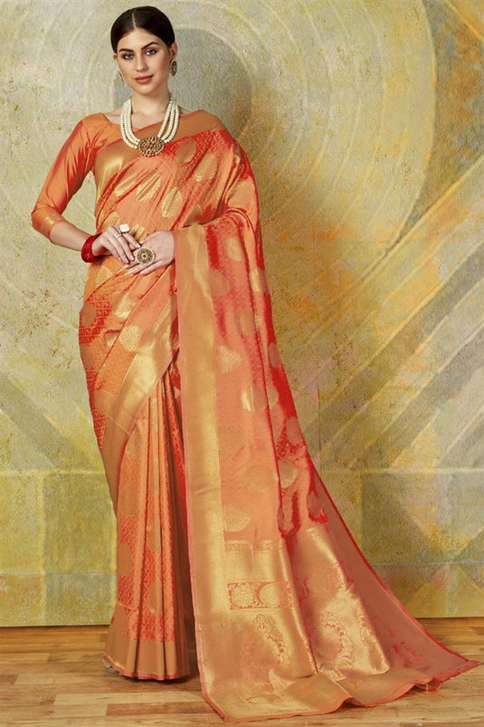 Weaving Work On Banarasi Style Art Silk Designer Saree In Orange Color