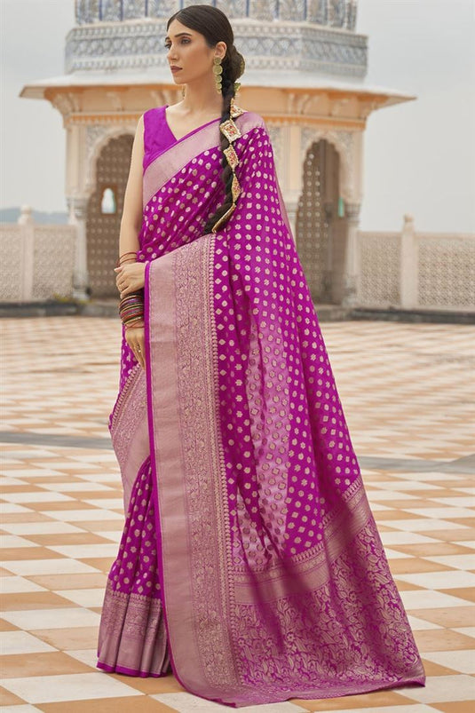 Art Silk Fabric Wedding Wear Magenta Color Fancy Weaving Work Saree