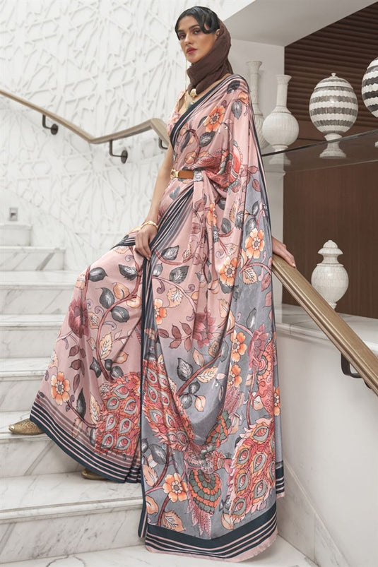 Daily Wear Peach Color Digital Printed Crepe Silk Fabric Saree