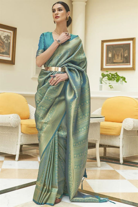 Pretty Cyan Art Silk Weaving Work Function Wear Saree