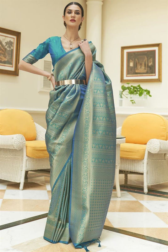 Attractive Weaving Work Teal Function Wear Saree