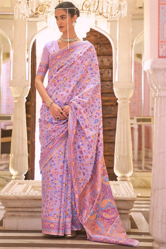 Festival Wear Cotton Silk Fabric Lavender Color Luminous Saree With Weaving Work