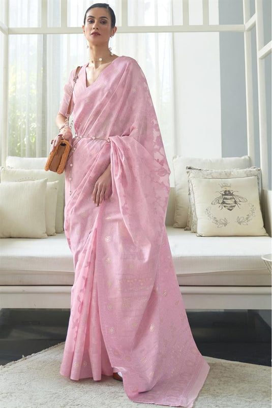 Glamorous Lucknowi Chikankari Work Party Style Cotton Silk Fabric Pink Color Saree