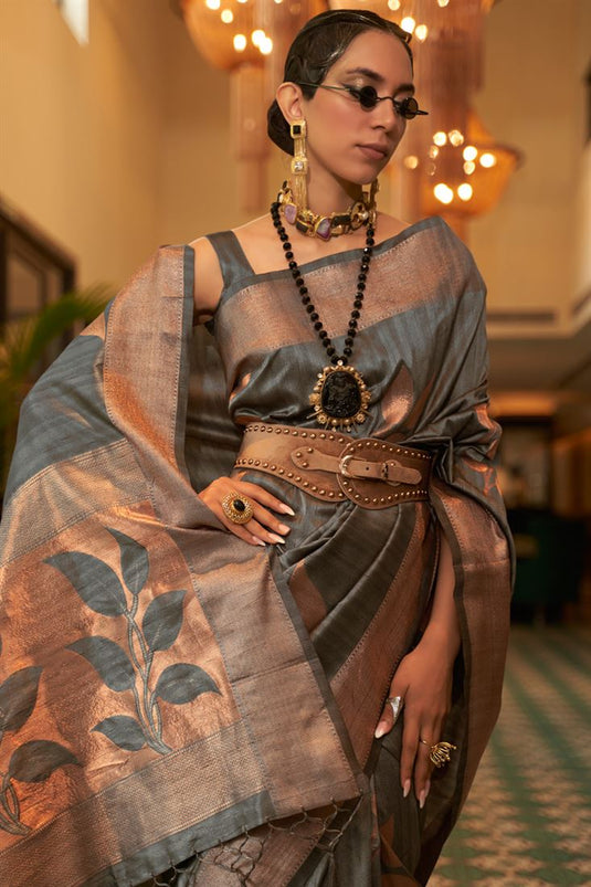 Grey Color Engrossing Party Style Art Silk Weaving Work Saree