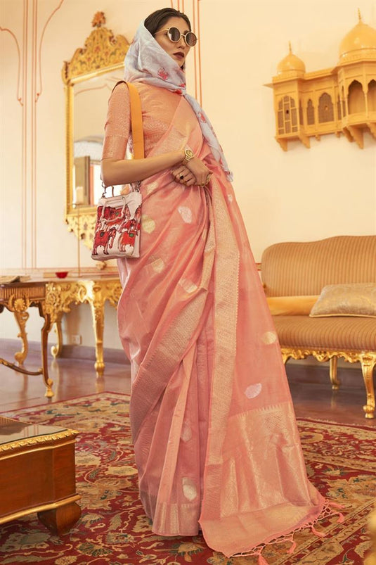 Elagant Weaving Work On Peach Color Organza Fabric Saree