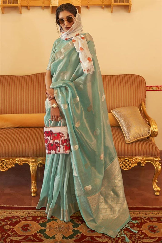 Organza Fabric Awesome Weaving Work Sea Green Color Saree