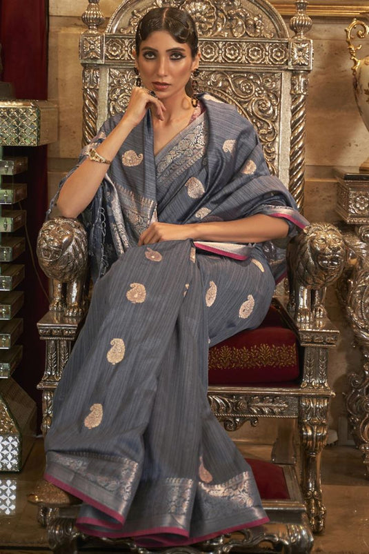 Grey Color Festival Wear Weaving Work Inventive Saree In Art Silk Fabric