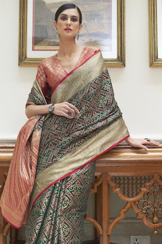 Dark Green Color Fantastic Art Silk Fabric Saree With Weaving Work