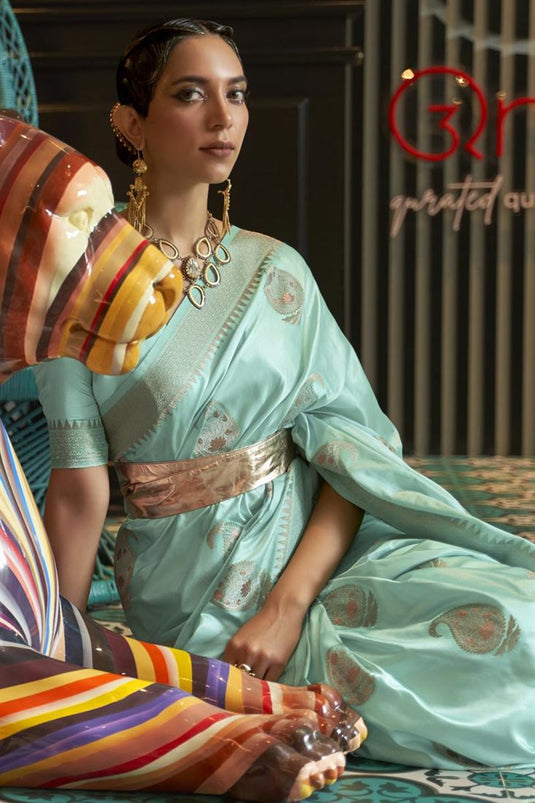 Satin Fabric Party Wear Light Cyan Color Phenomenal Saree