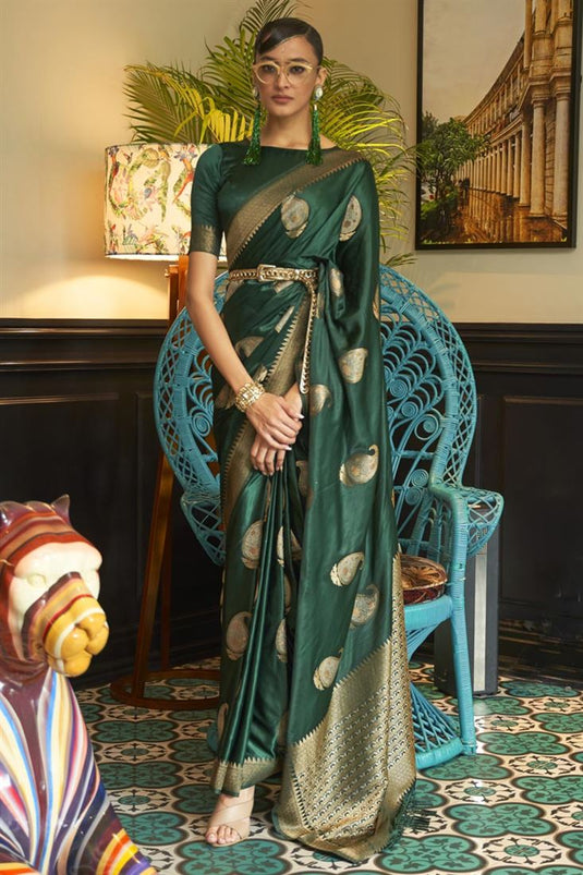 Radiant Dark Green Color Satin Fabric Party Wear Saree