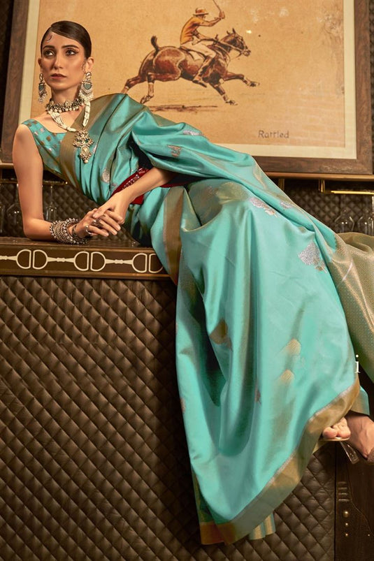 Cyan Color Weaving Work Art Silk Fabric Charismatic Saree