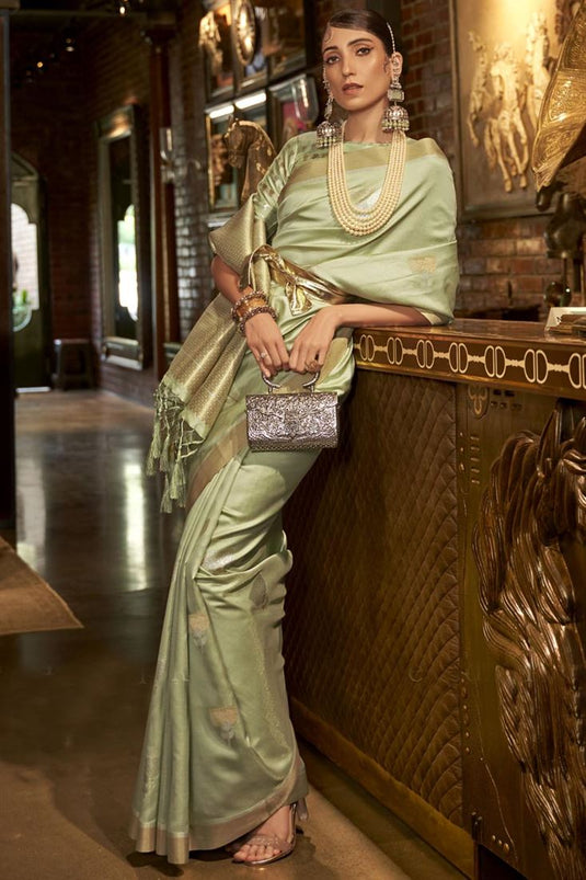 Art Silk Fabric Weaving Work Splendid Saree In Sea Green Color