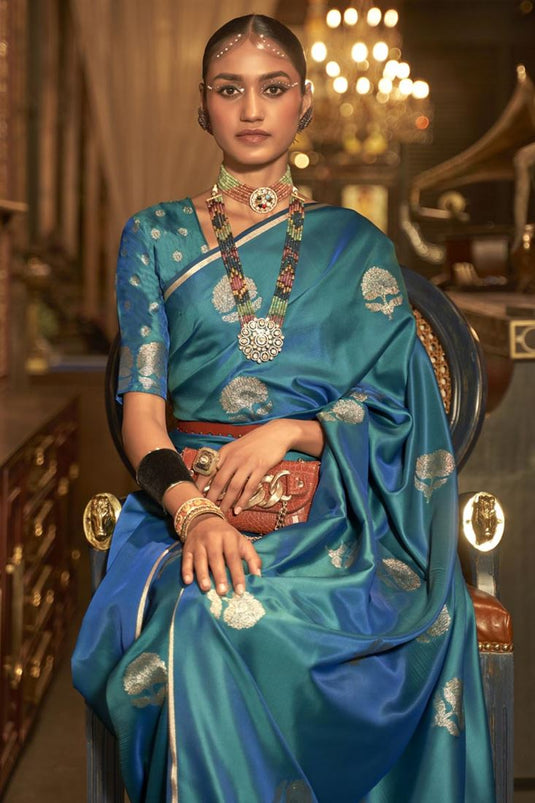 Precious Party Look Cyan Color Satin Saree