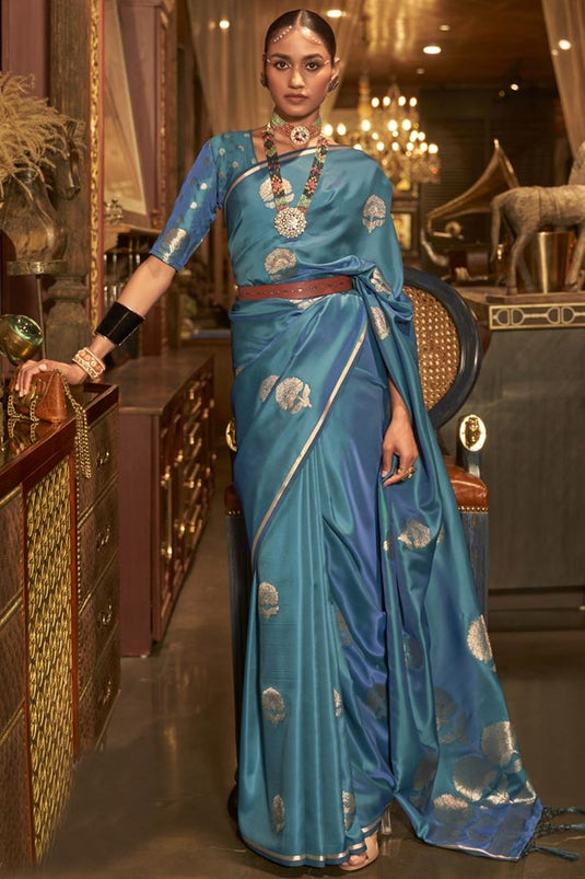 Precious Party Look Cyan Color Satin Saree