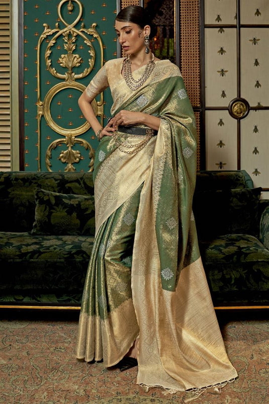 Beguiling Weaving Designs Green Color Art Silk Fabric Saree