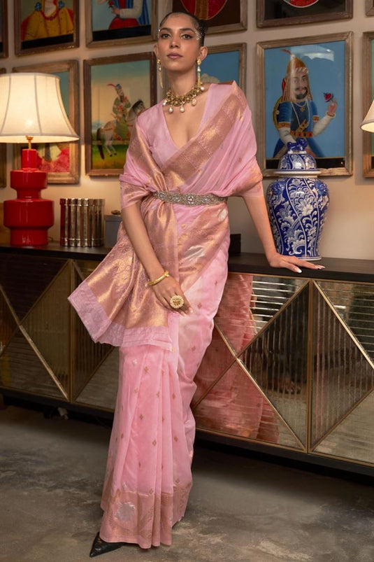 Pink Color Gleaming Weaving Work Saree In Art Silk Fabric