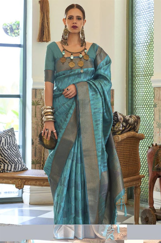 Kalki Koechlin Organza Fabric Cyan Color Excellent Saree