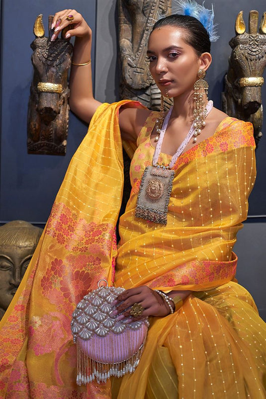 Function Look Yellow Color Pleasant Sequins Work Organza Saree