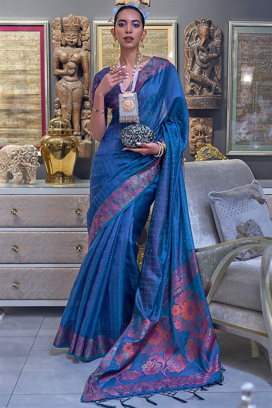 Winsome Blue Color Function Look Sequins Work Organza Saree