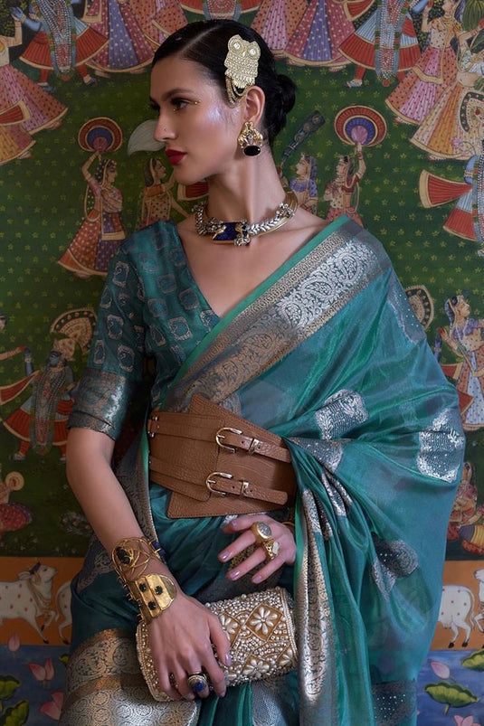 Wonderful Handloom Weaving Teal Color Saree In Organza Fabric