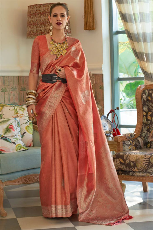 Kalki Koechlin Weaving Work Satin And Tissue Peach Saree