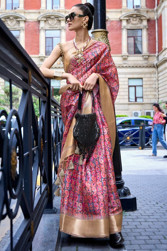 Satin Organza Fabric Maroon Color Glamorous Digital Printed Saree