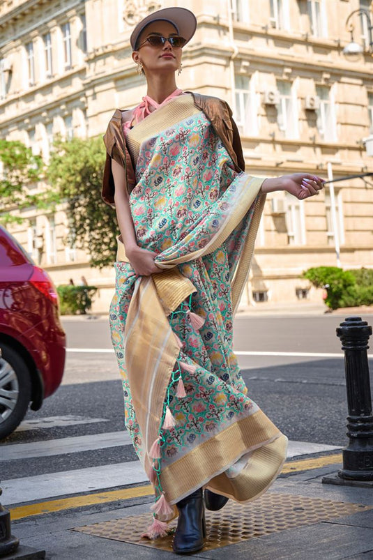 Sea Green Color Satin Organza Fabric Exquisite Digital Printed Saree