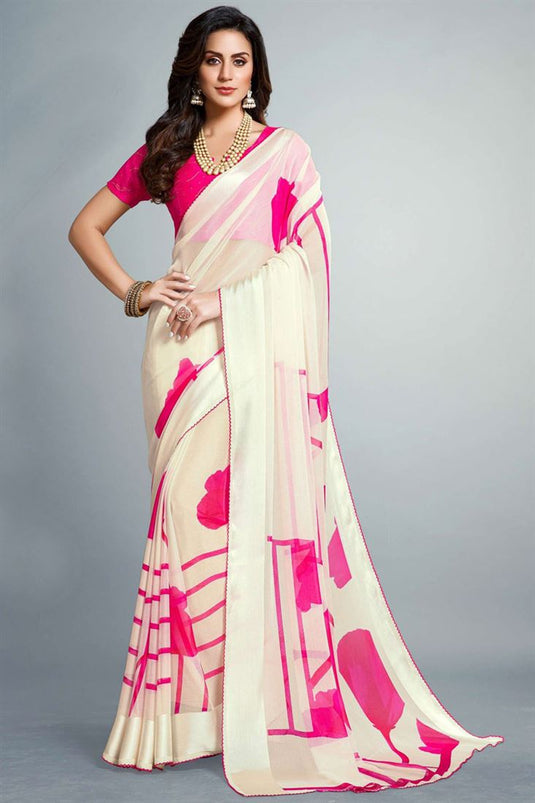 Party Wear Chiffon Fabric Off White Color Printed Attractive Saree