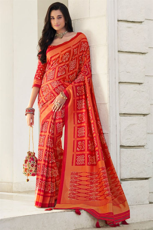 Entrancing Red Color Digital Printed Patola Art Silk Saree