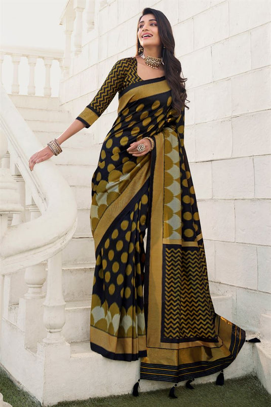 Incredible Digital Printed Black Color Patola Art Silk Saree