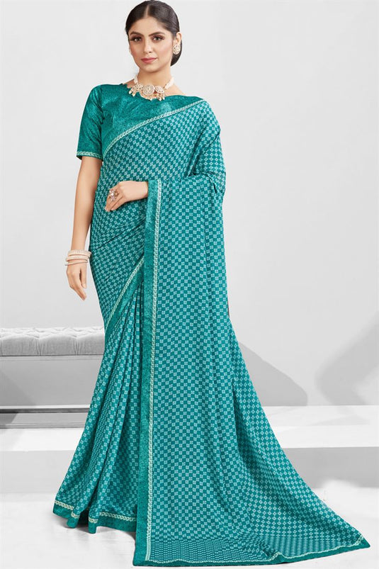 Amazing Cyan Color Georgette Printed Saree