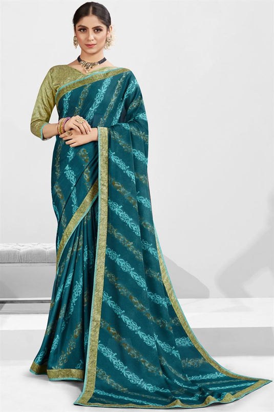 Teal Color Chic Georgette Printed Saree