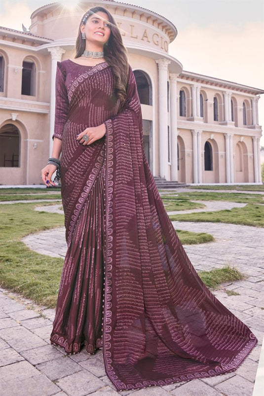 Wine Color Georgette Special Printed Casual Saree