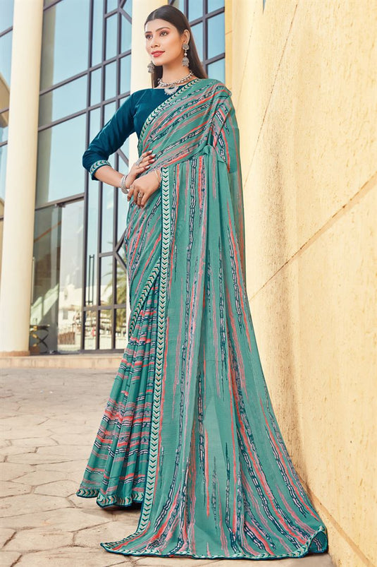 Classic Sea Green Color Casual Look Georgette Printed Saree